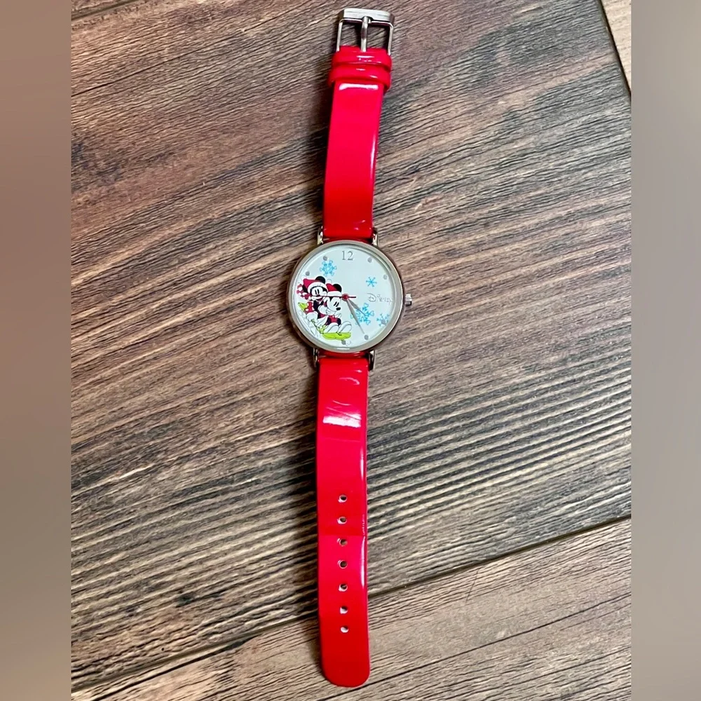 Vintage Disney Mickey and Minnie Mouse Festive Christmas Watch Red Strap Gift